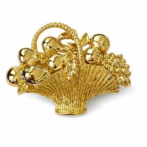 Vintage Gold Tone Brooch Pin Basket of Fruit Flowers Signed